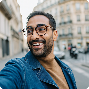 A man walking outdoors while taking a selfie. He is smiling and looking off to the side